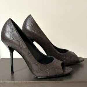 Gucci Logo Embossed Brown Leather Peep- Toe High Heels, SIZE 7.5